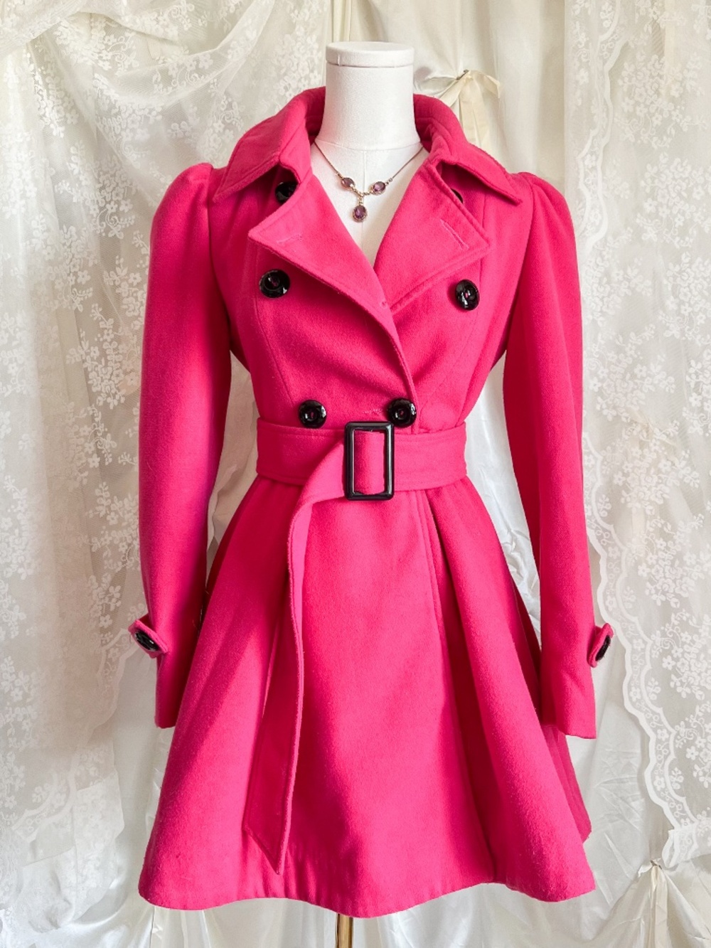 Houdiehua Fuchsia Puff Sleeve Belted Princess Coat